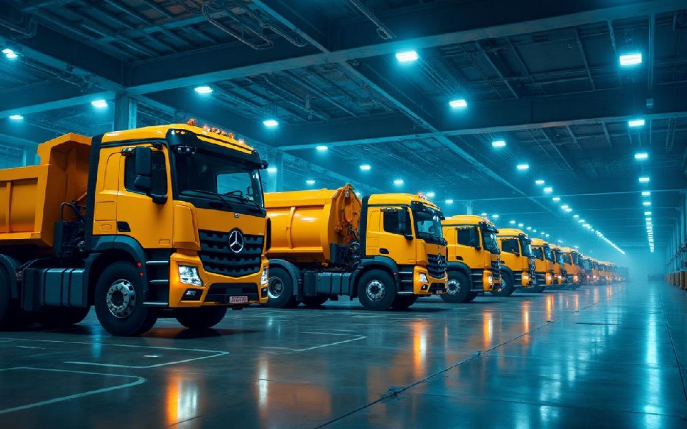 Caminhões amarelos em facilidade industrial moderna com tecnologia IoT e análise de dados